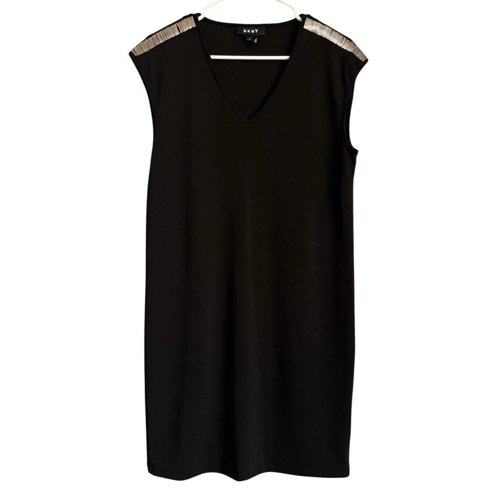 DKNY Basic Black‎ Midi Slip Size Medium Dress V-Neck Y2K Silver Metal Shoulder
